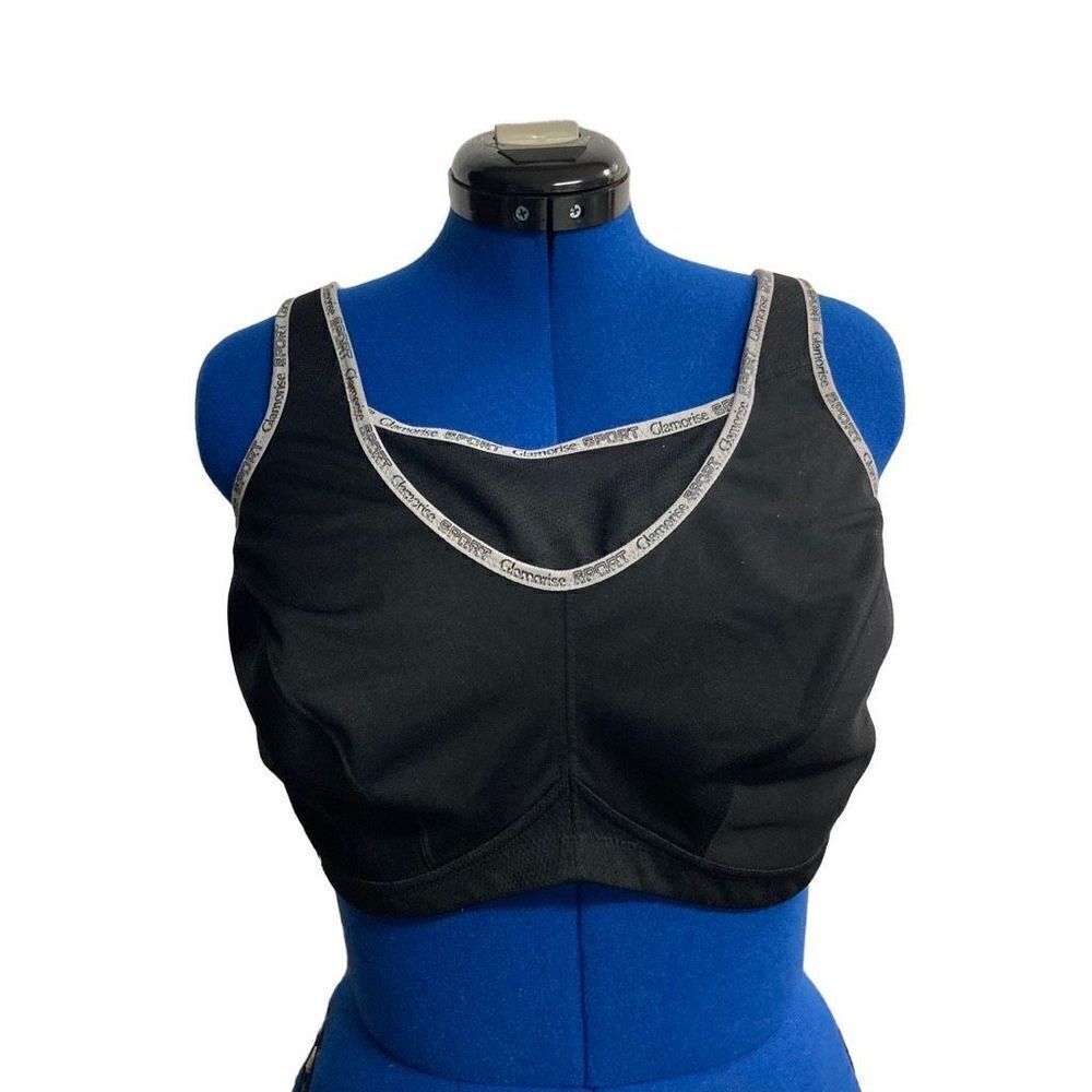 GLAMORISE SPORT BRA Size 46C Black With Gray Logo Trim‎